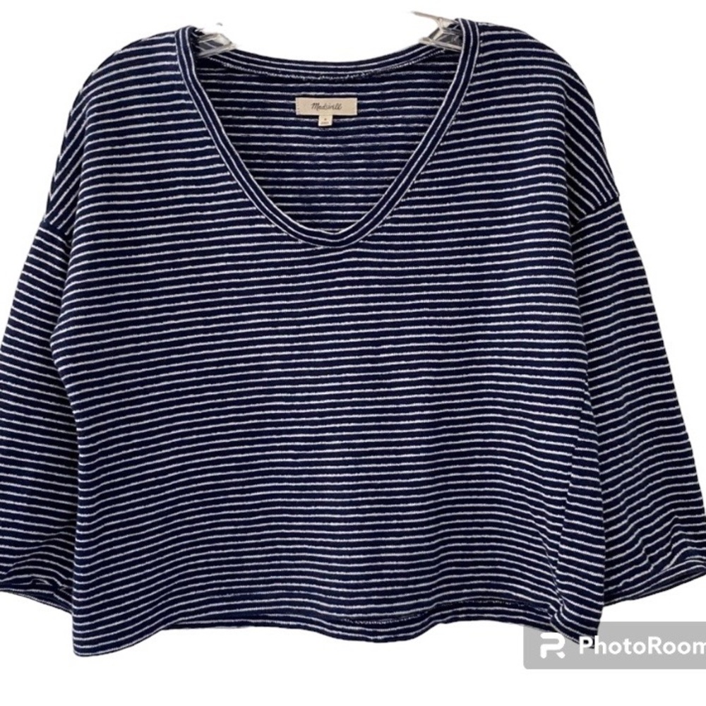 Madewell Blue & White Stripes Rounded V-Neck 3/4 Sleeve Top Size Small